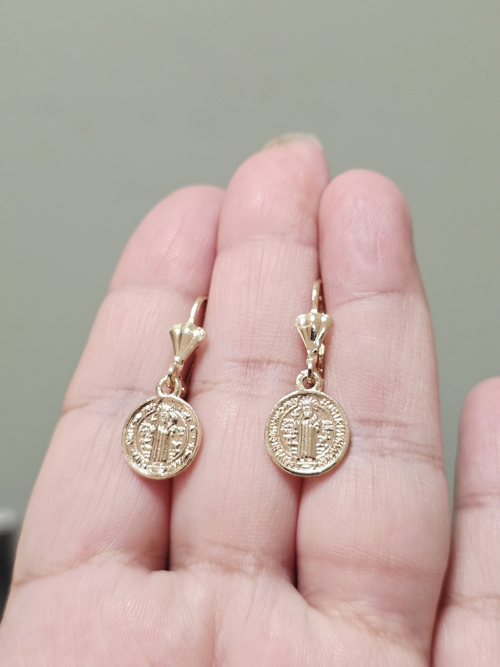 14k Gold Plated Saint Benedith Coin Drop Earrings for Women